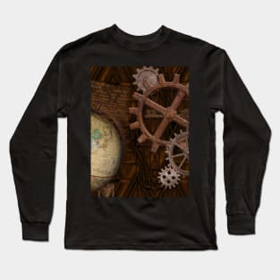 Steampunk Gears on Coppery-look Geometric Design Long Sleeve T-Shirt